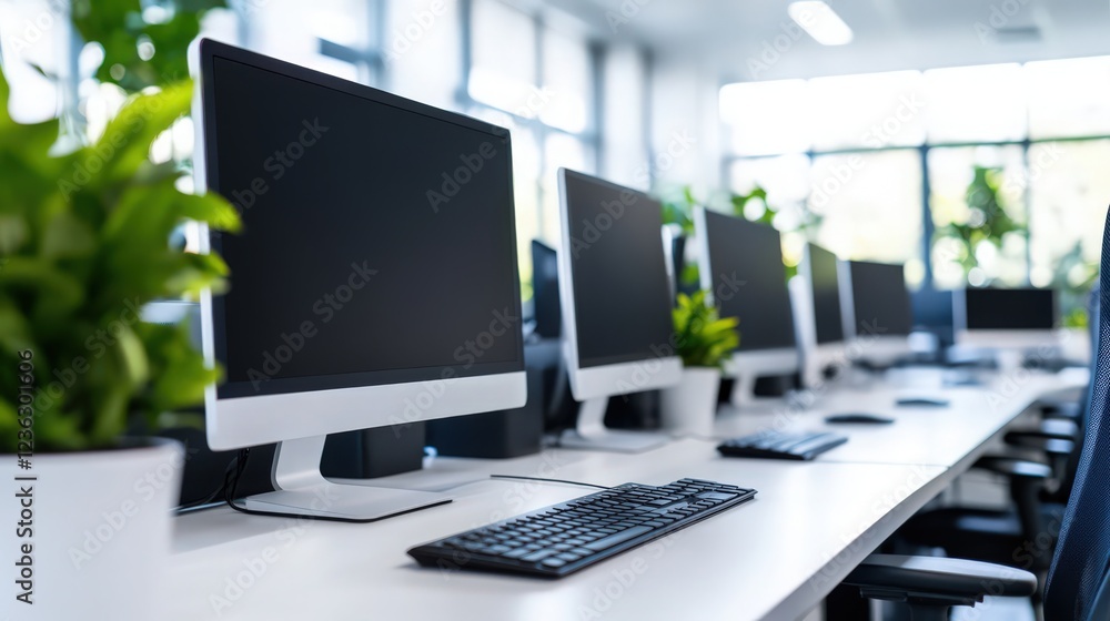 A row of computer monitors sit on a desk with a potted plant in the foreground A row of computer monitors sit on a desk with a potted plant in the foreground