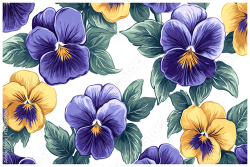 Wallpaper Mural Pansy blooms, vibrant in purple and yellow, with fresh green foliage, rendered in a sketchy vintage style, offering a touch of old-world charm and evoking the grace of a bygone era of timeless beauty. Torontodigital.ca