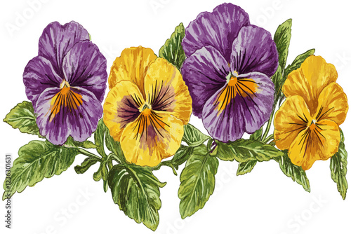 The timeless beauty of vibrant purple and yellow pansy blooms, accompanied by rich green foliage and presented in a sketchy vintage style, brings an old-world charm to life with every delicate detail.