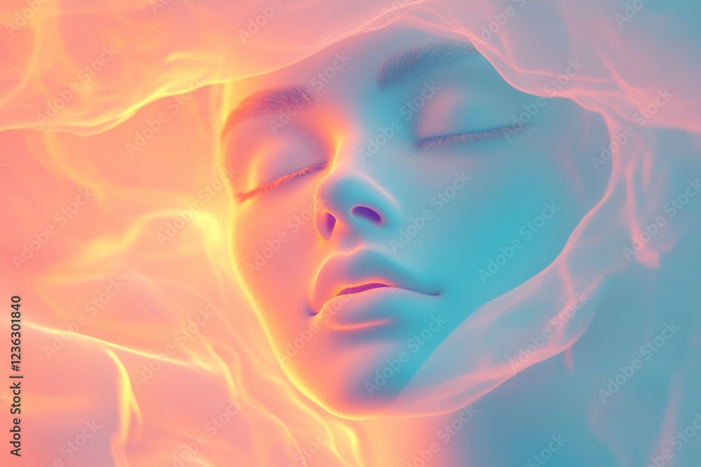 Ethereal portrait of a serene figure enveloped in colorful mist during a creative artistic session