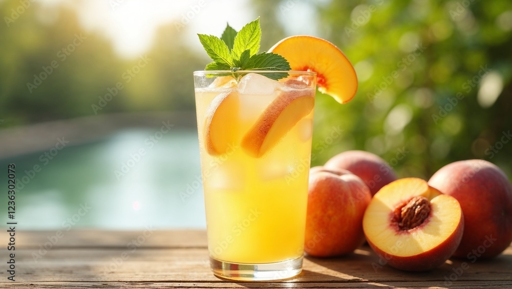 Fototapeta premium Refreshing peach lemonade with ice and mint, garnished with peach slices in sunny outdoor setting 