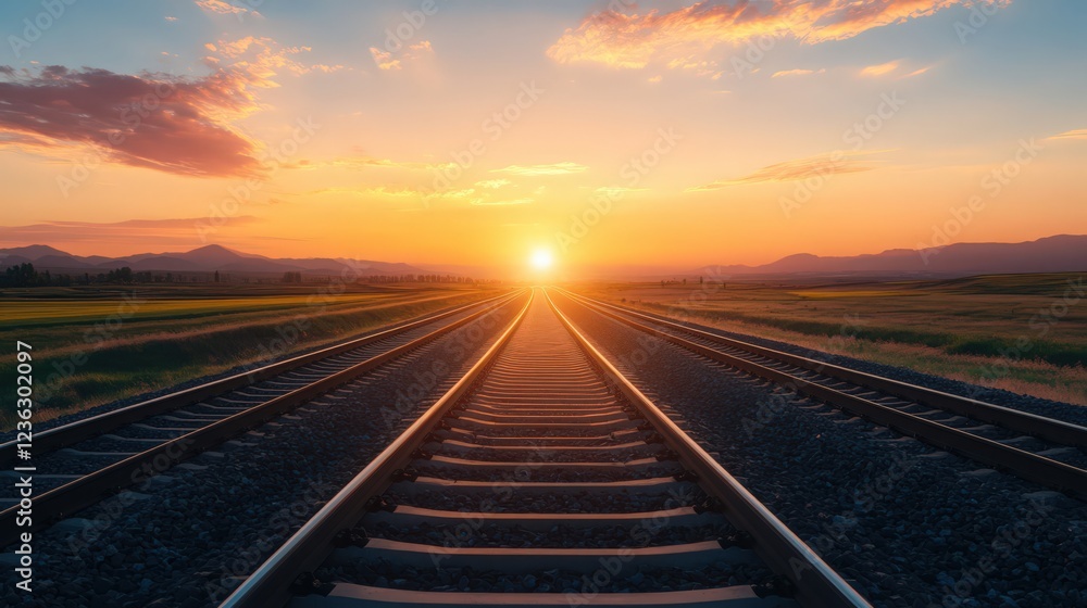 Fototapeta premium A train track with a sunset in the background