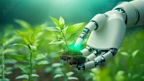 A robotic hand holds a young green plant, showcasing advanced technology in agriculture. The scene captures a lush field with bright greenery, emphasizing innovation in sustainable farming. photo