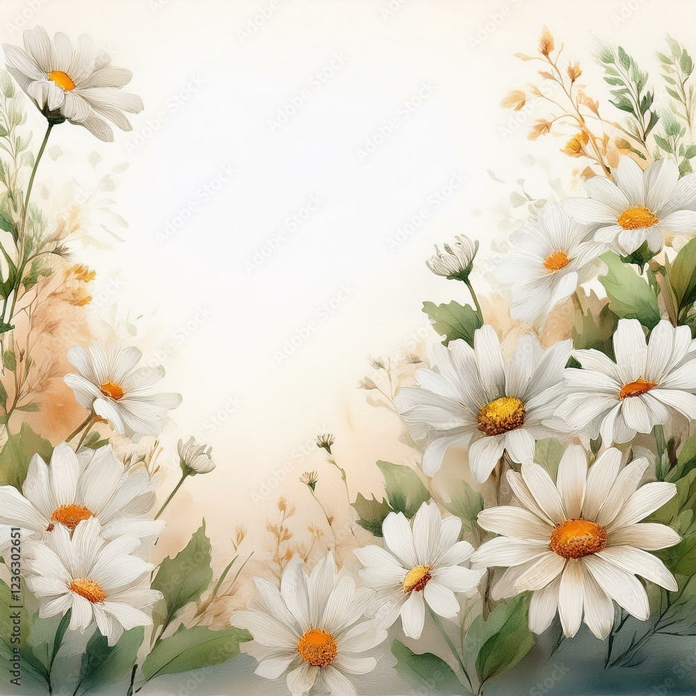 Fototapeta premium border frame white daisy flowers on white background with copy space