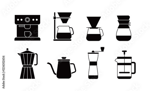 A set of icons and pictograms of coffee machines and hand drip coffee supplies used in cafes. Espresso machines, kettles, grinders, coffee presses, coffee drippers, coffee pots, tea cups, etc.