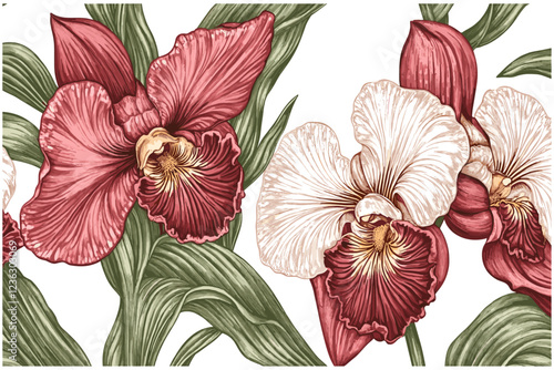 Fine engraving of 2025 Orchid flowers with deep pink and white petals, detailed green leaves, and intricate artistic style