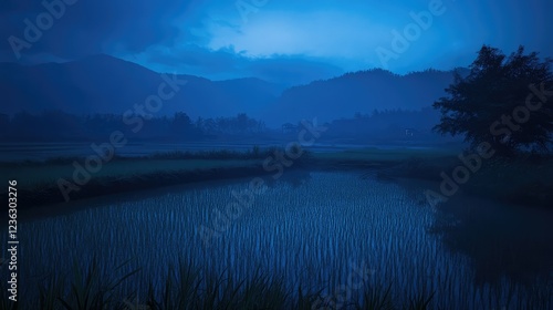 the atmosphere in the rice fields at night