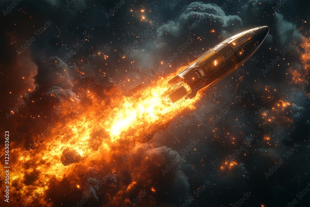 A spacecraft launching into the night sky leaving a trail of fire. Generative AI A spacecraft launching into the night sky leaving a trail of fire. Generative AI