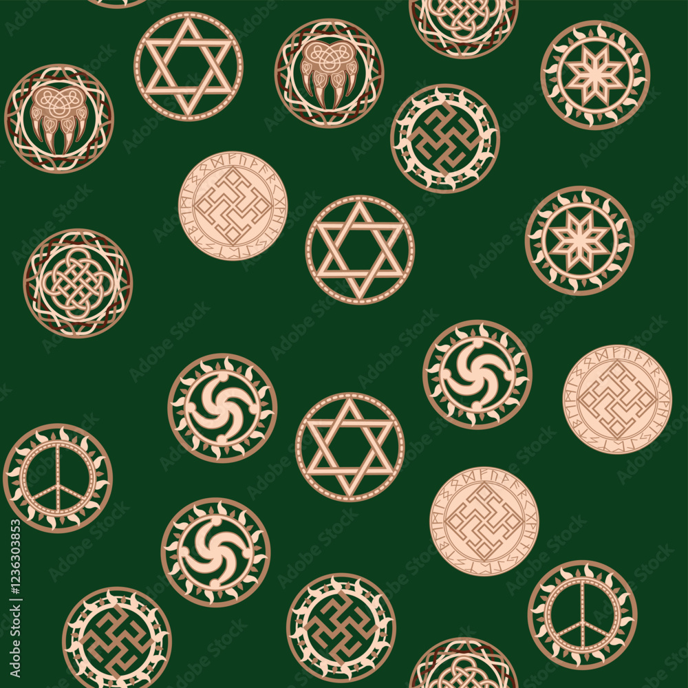 Seamless pattern ancient Slavic symbols. Star of the arkgamma, kolovrat, trixel, valknut, celtic cross and other Slavic symbol, decorated with ornament in a wreath of Scandinavian weaving Seamless pattern ancient Slavic symbols. Star of the arkgamma, kolovrat, trixel, valknut, celtic cross and other Slavic symbol, decorated with ornament in a wreath of Scandinavian weaving