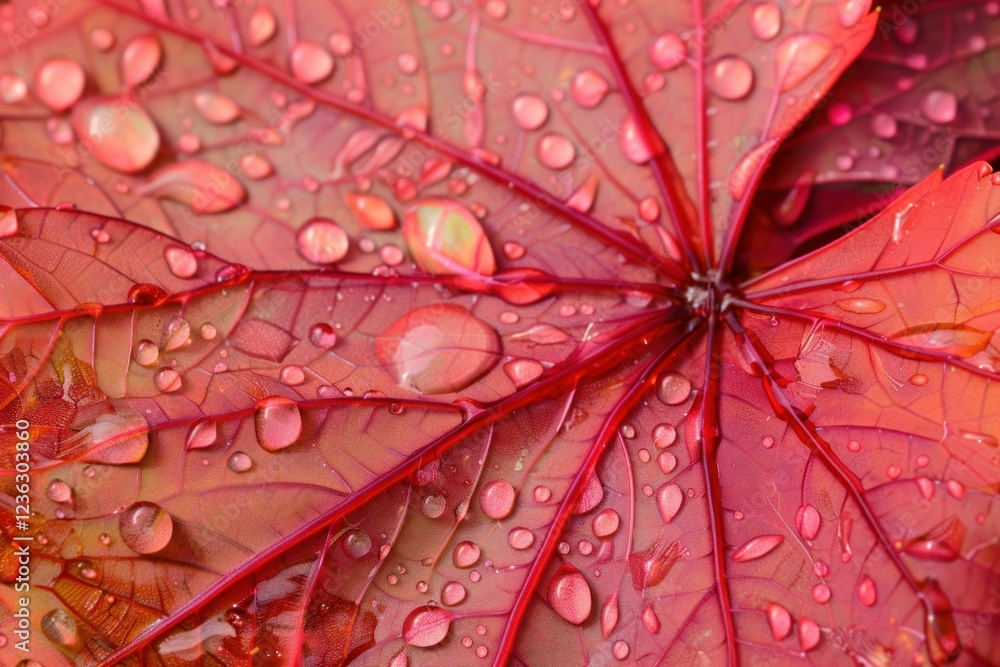 Fototapeta premium Macro photography showcasing glistening water droplets on a vibrant red leaf, capturing the essence of autumn
