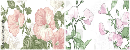 2035 Sweet Pea, intricate engraving of delicate green leaves, showcasing gentle pastel pink and white blossoms in an elegant style