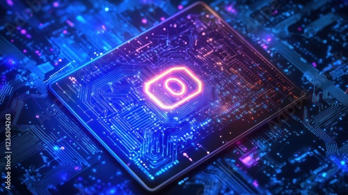 Microchip with glowing orange center on circuit board, tech background, for tech or digital media