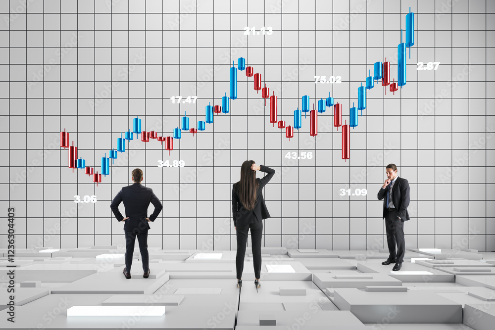 Businesspeople analyzing financial chart with candlestick graph in modern office setting.
