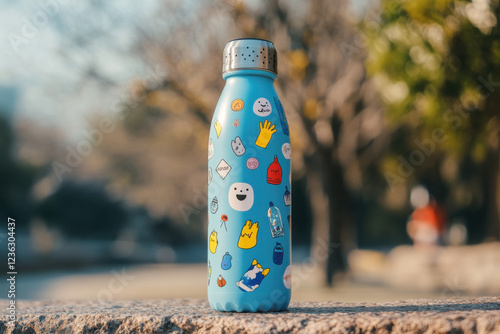 A reusable water bottle with stickers all over, waving to passersby