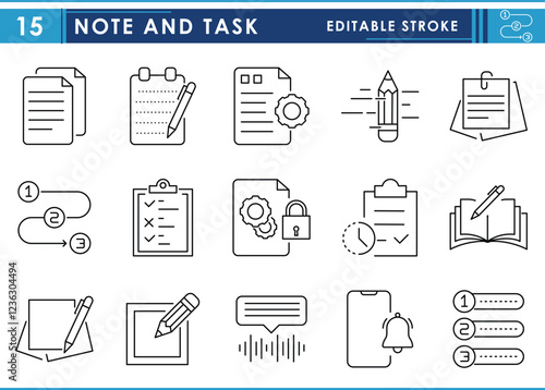 A set of line icons related to Note and Task. Notes, sticky notes, to do list, pencil, notification, creative, voice notes, and so on. Vector editable stroke.