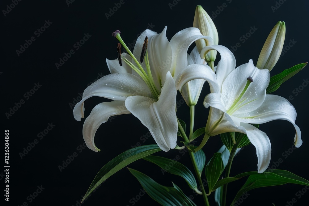 Fototapeta premium Studio shot of elegant white lilies blooming against a dark background, showcasing their delicate beauty and purity