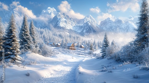 Wallpaper Mural Snowy mountain village winter landscape, path leading to cabins, sunlit Torontodigital.ca