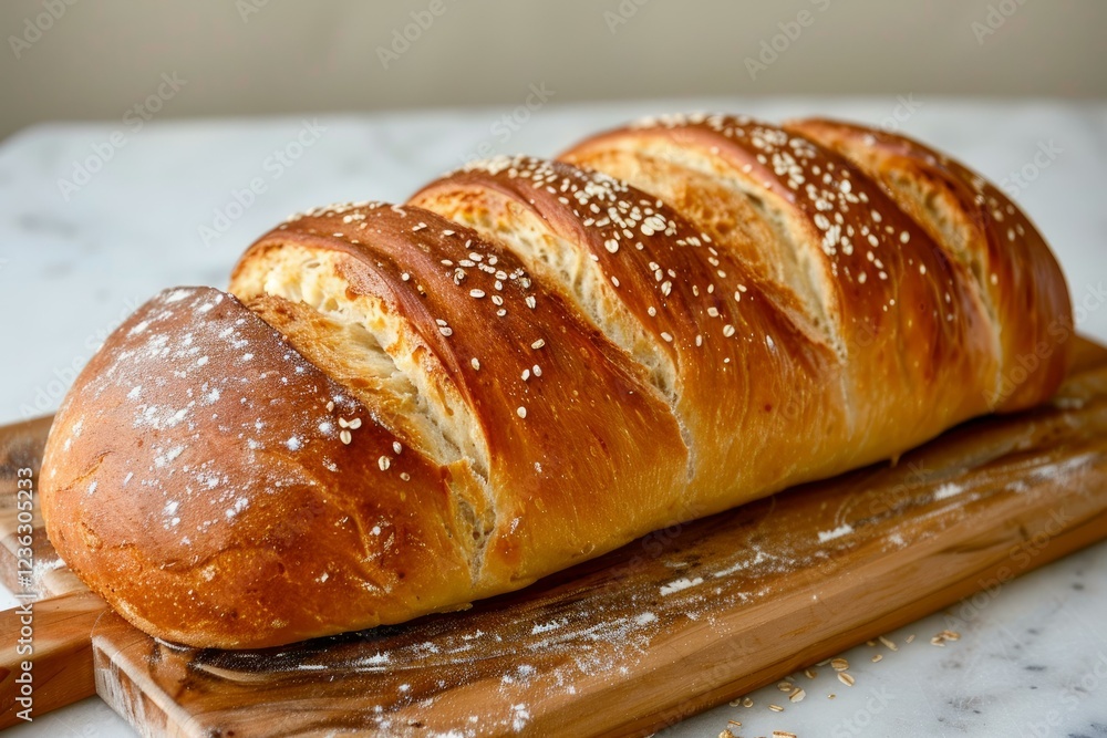 Golden brown crusty loaf of bread resting on a wooden cutting board, sprinkled with sesame seeds Golden brown crusty loaf of bread resting on a wooden cutting board, sprinkled with sesame seeds