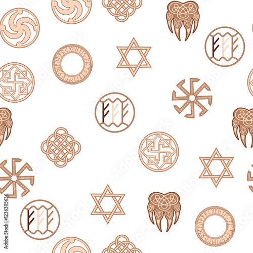 Seamless pattern ancient Slavic symbols. Star of the arkgamma, kolovrat, trixel, valknut, celtic cross and other Slavic symbol, decorated with ornament in a wreath of Scandinavian weaving