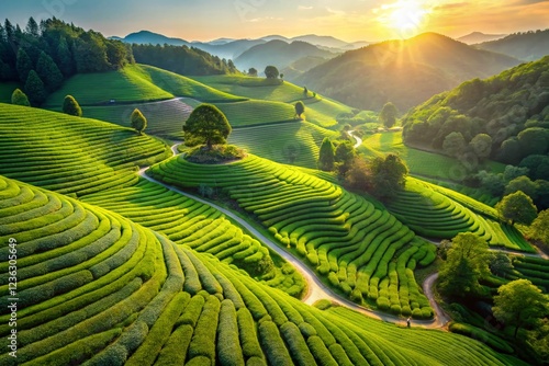 Lush Green Tea Fields of Boseong, South Jeolla Province, Korea - Aerial View photo