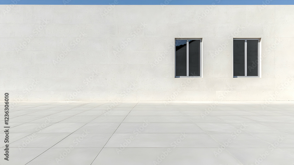 Fototapeta premium Two rectangular windows on a minimalist white stucco wall above a concrete tiled plaza under a clear blue sky.
