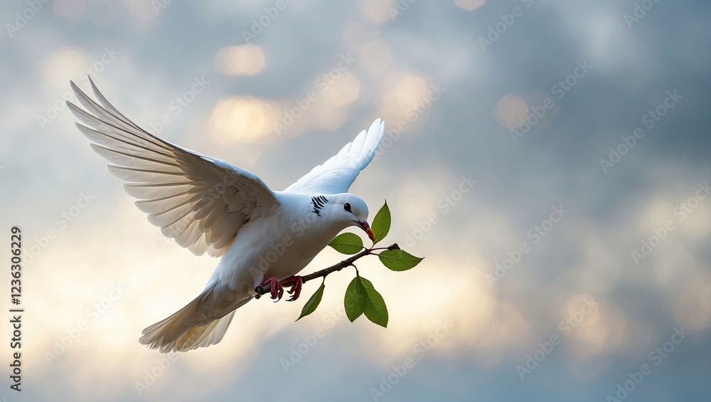 Obraz premium white dove flying in the sky. doves can be seen from afar. The dove is in left-flight, with its wings spread wide and its beak open as if it is about to take flight.