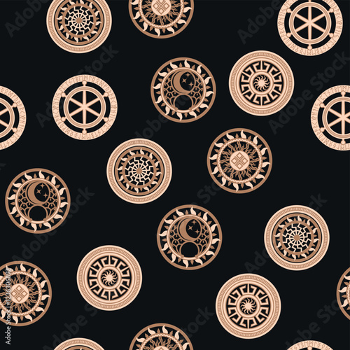 Seamless pattern ancient Slavic symbols. Star of the arkgamma, kolovrat, trixel, valknut, celtic cross and other Slavic symbol, decorated with ornament in a wreath of Scandinavian weaving