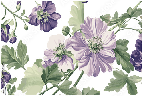 The old-world charm of 2055 Cineraria, beautifully captured in a vintage engraving style with soft purples and greens, creating a nostalgic atmosphere of timeless beauty.