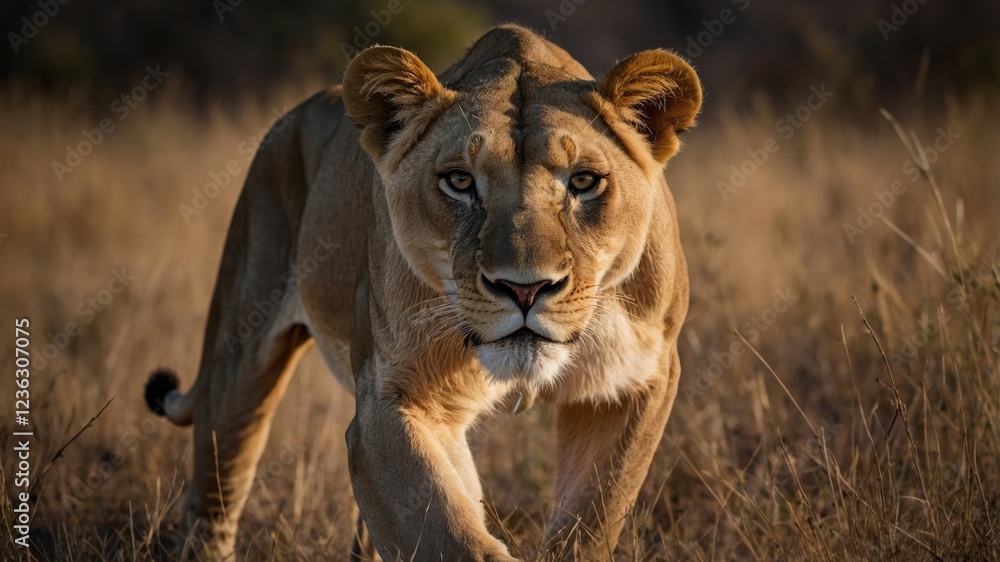 Naklejka premium Majestic Lioness Walking Towards Camera in African Savanna