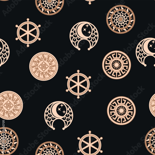 Seamless pattern ancient Slavic symbols. Star of the arkgamma, kolovrat, trixel, valknut, celtic cross and other Slavic symbol, decorated with ornament in a wreath of Scandinavian weaving
