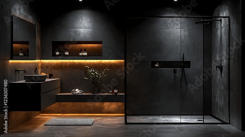 Modern dark bathroom interior design with shower