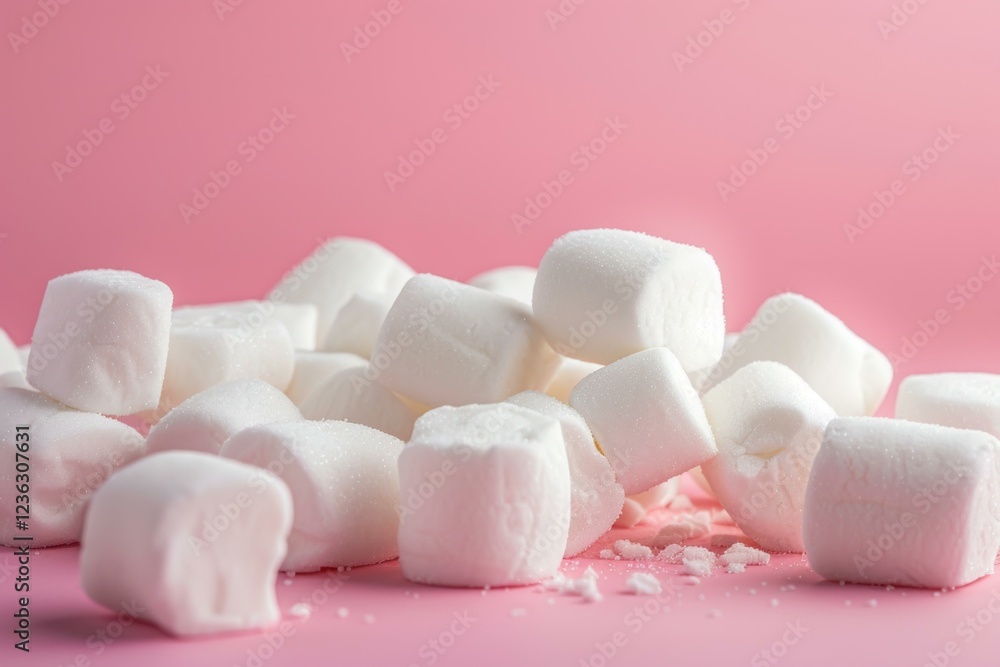 Small white marshmallows forming a pile on a pink background Small white marshmallows forming a pile on a pink background