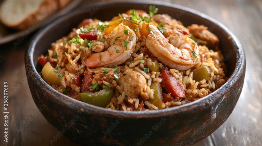 Bowl of delicious oriental pilaf with shrimps and vegetables. Jambalaya Bowl of delicious oriental pilaf with shrimps and vegetables. Jambalaya