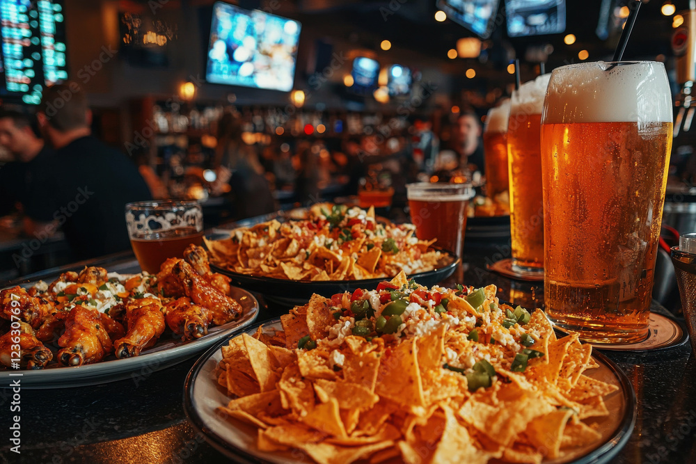 Fototapeta premium Enjoying a lively atmosphere at a bustling sports bar with friends over delicious food and refreshing drinks