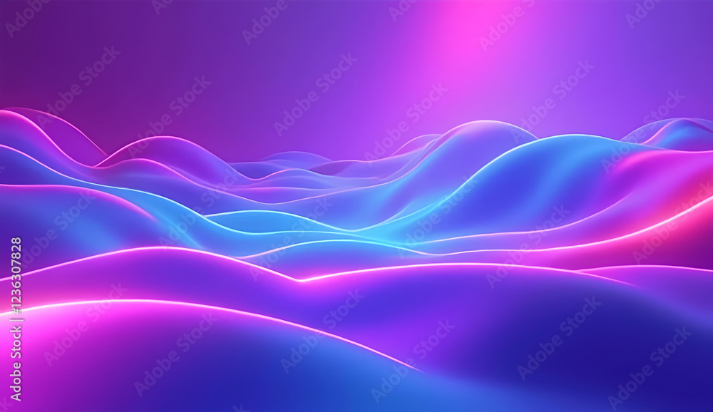 Obraz premium Futuristic landscape with smooth, wavy shapes and glowing neon lines. A color palette of blue, purple, and pink creates a cyberpunk atmosphere with soft lighting, mist, and a dreamy, sci-fi feel