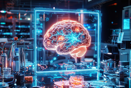 Holographic display of a human brain showcases neural connections in a futuristic medical setting