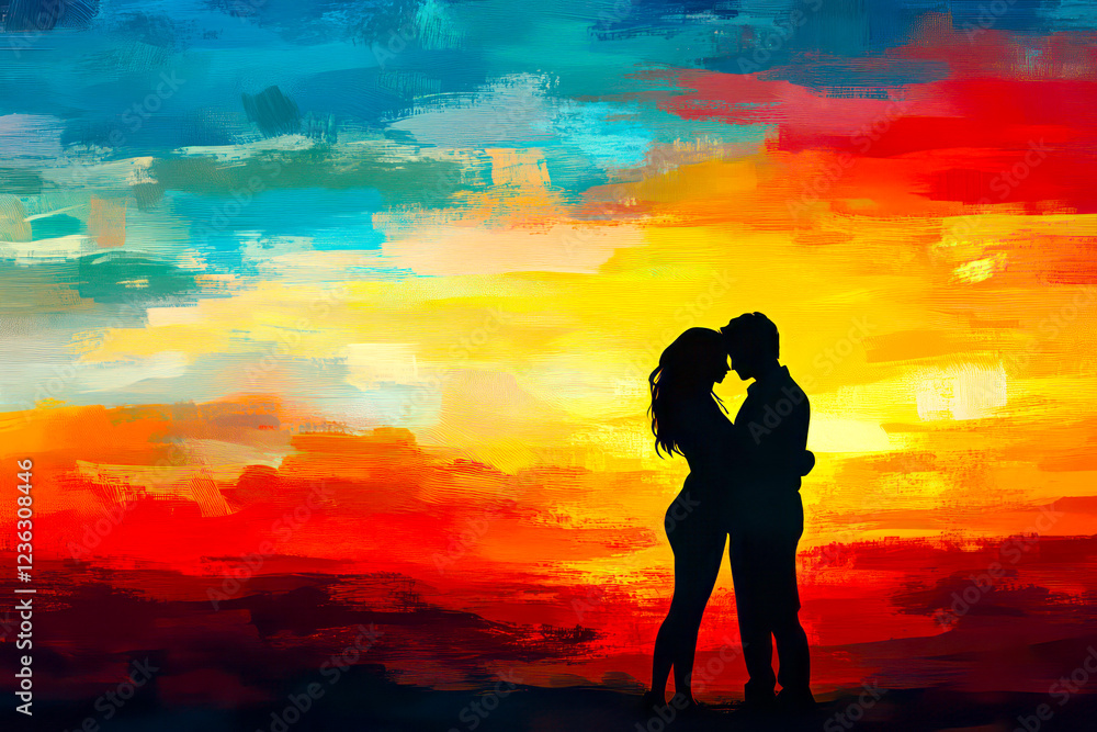 Silhouettes of a couple embracing against a colorful sunset. Silhouettes of a couple embracing against a colorful sunset.