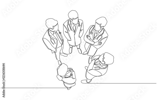 Continuous one line drawing of group of doctors having conversation, medical team, hospital health care service concept, single line art