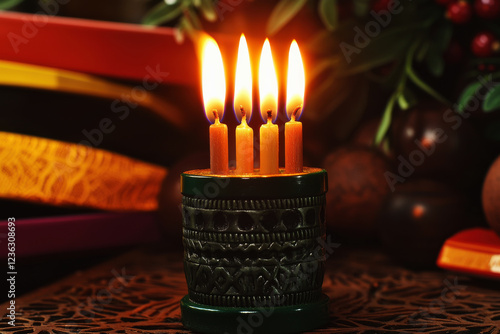 Kwanzaa celebration features kinara with seven flames and vibrant African decor photo