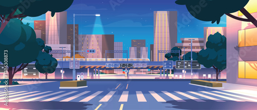 Night business center with highway road, skyscraper and city light. Illuminated pedestrian crossing vector background illustration