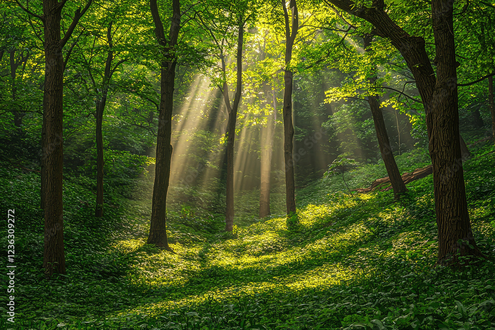 Naklejka premium Lush green forest with sunlight streaming through trees, creating serene golden rays and vibrant shadows