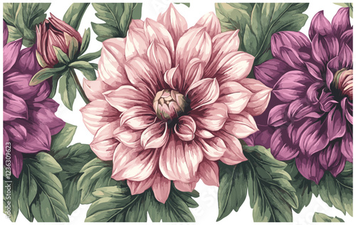 Soft pink and purple Dahlia flowers with lush green leaves, captured in an elegant classic engraving style, adding a nostalgic atmosphere to the scene.