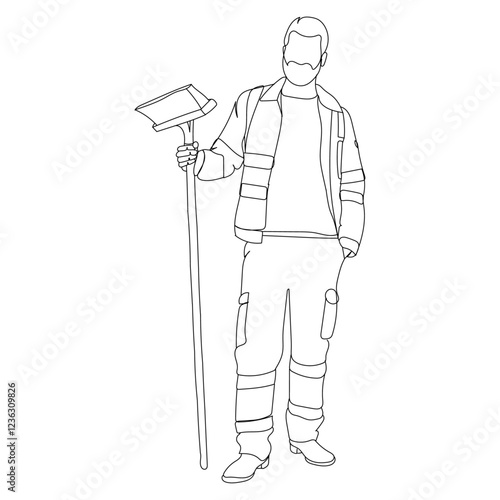 Dessin en ligne continue d'un travailleur, ouvrier du bâtiment ou des espaces vert, vecteur d'un homme tenant un balais, line art