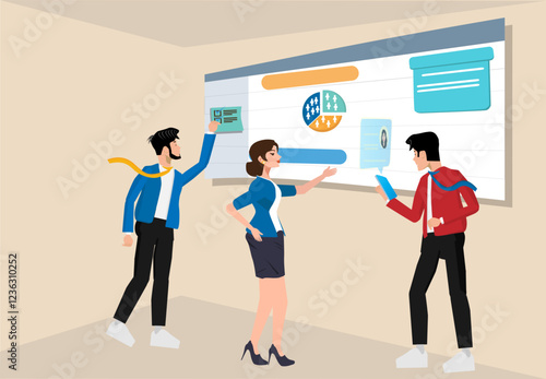 team meeting of two business men and one woman regarding project schedule monitoring and business planning concept