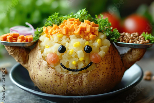 A baked potato with arms, holding a tiny tray of vegan toppings