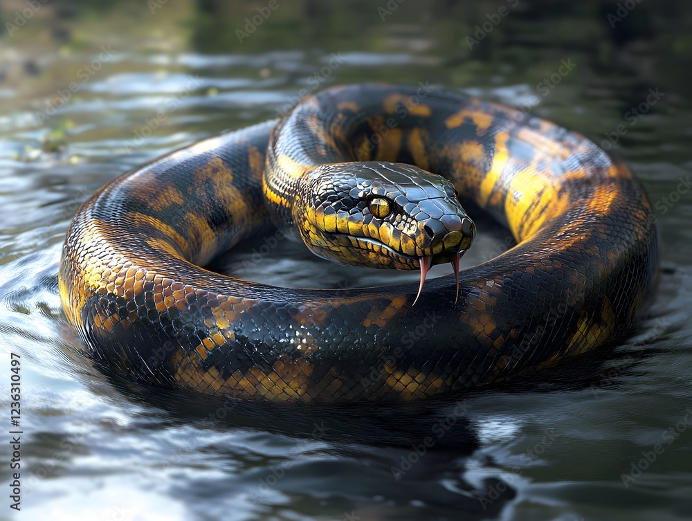 Stunning Yellow Anaconda Snake in Water Wildlife Image Stunning Yellow Anaconda Snake in Water Wildlife Image