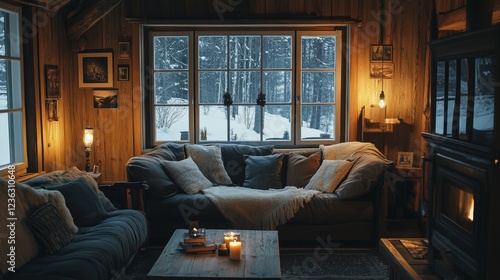 Cozy Cabin Interior With Warm Lighting and Winter Scenery Outside During a Quiet Evening