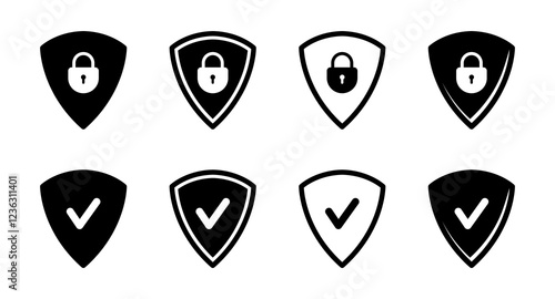 Security shield icons. Lock security and protection approve. Security shields with check mark and padlock. Safety icon. Access protect shield icons. Vector illustration.