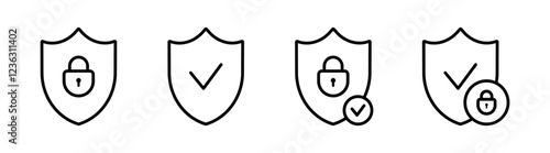 Security shield icons. Lock security and protection approve. Security shields with check mark and padlock. Safety icon. Access protect shield icons. Vector illustration.