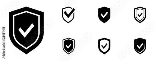 Security shields with check mark and padlock. Protection approve icon. Approved safety icon. Safe icon. Vector illustration.